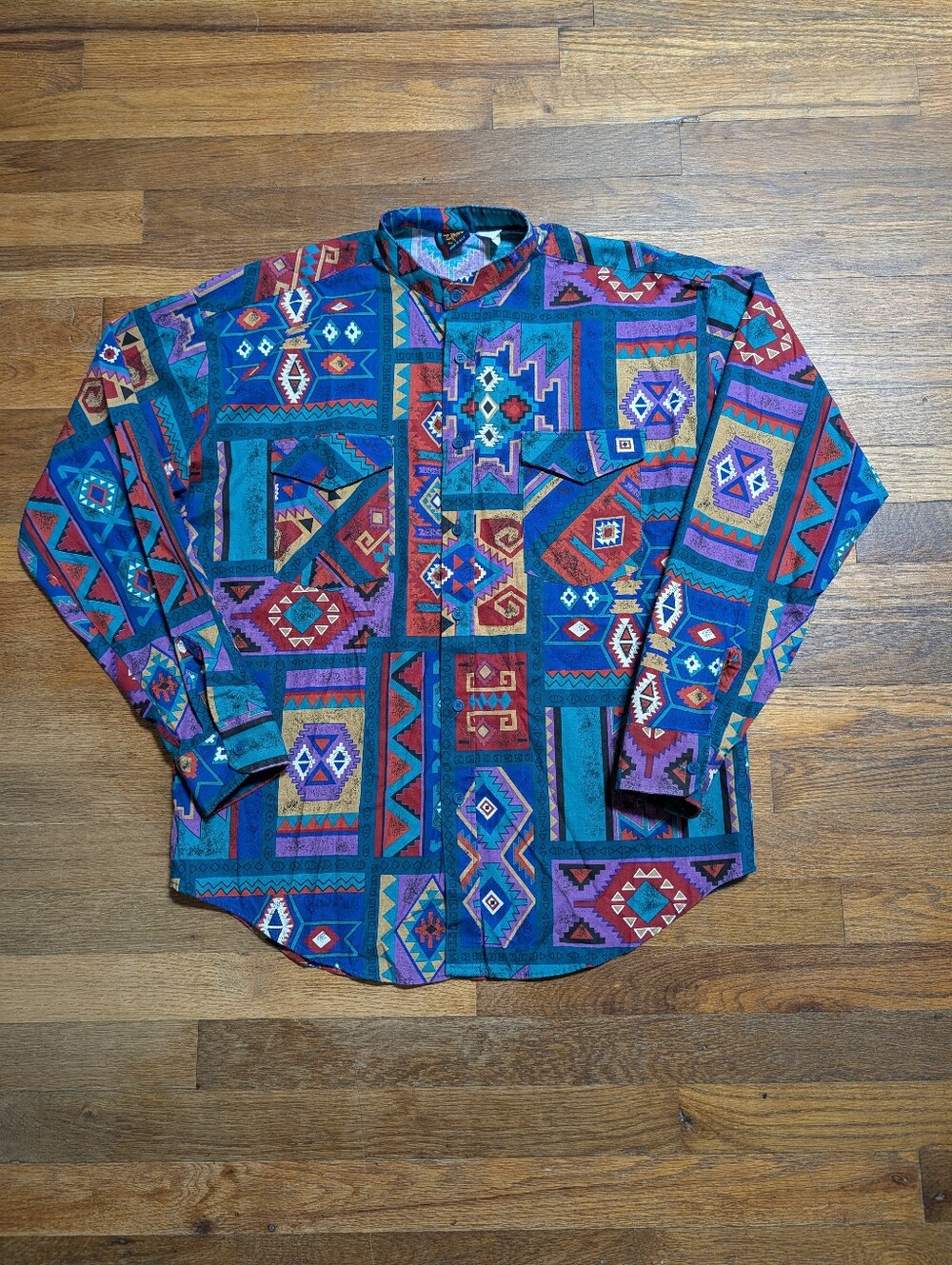 Women's Vintage 80s Southwestern Aztec Casual Button Up Cotton Pockets Sz XL